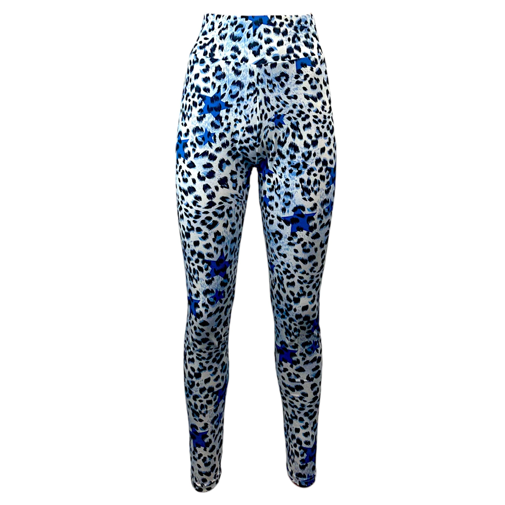 Women's high-waisted leopard print leggings in blue – stretchy gym or casual wear
